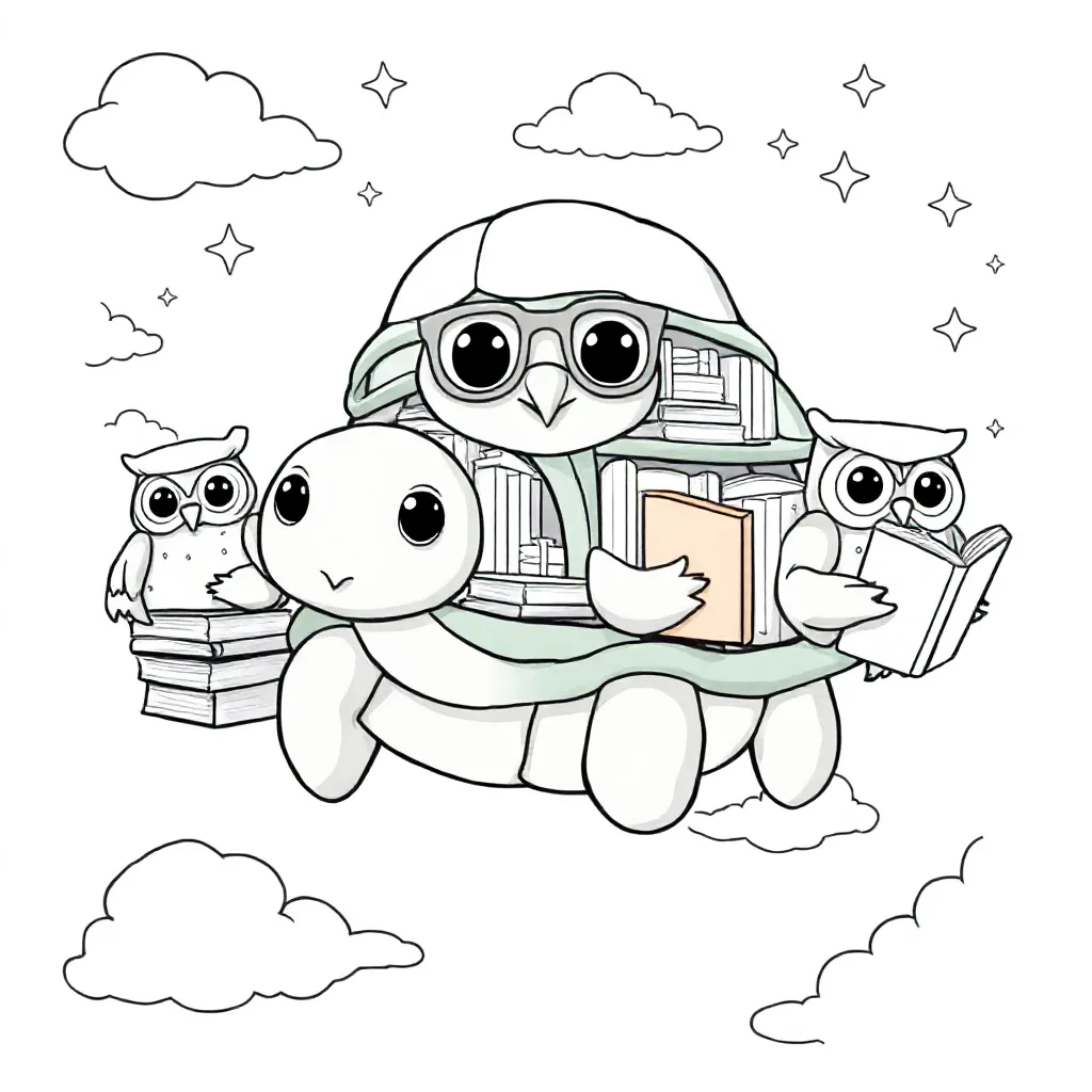 Zwevende schildpadbibliotheek met uilen als bibliothecarissen en boeken vol sterrenstof kleurplaat v