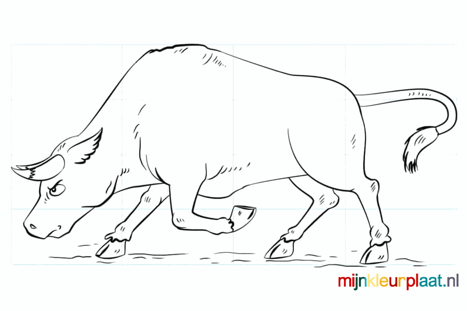 De voltooide tekening van een stier op een ondergrond van gras.