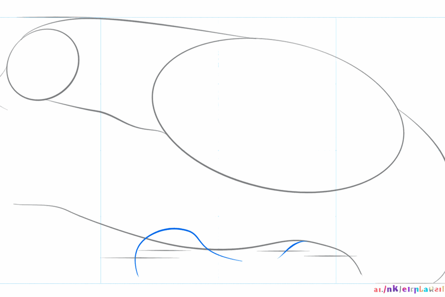 De nek en de staartlijn verbinden de vormen van de veelvraat.