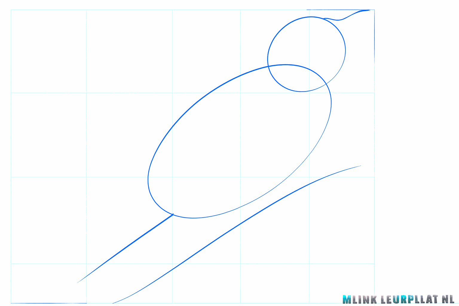 Tekenles nachtegaal stap 1: Twee ovalen voor het hoofd en lichaam op een schuine tak.