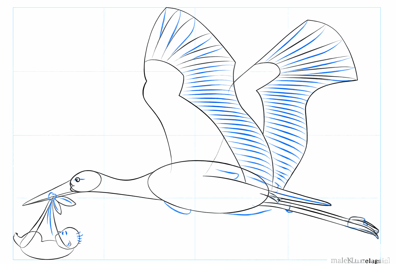 Het gezicht van de ooievaar en de pootjes krijgen meer detail.