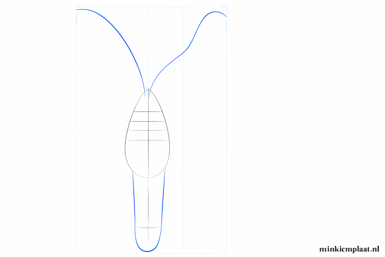 Een ovaal met een smallere vorm erachter en twee lange gebogen lijnen aan de voorkant.