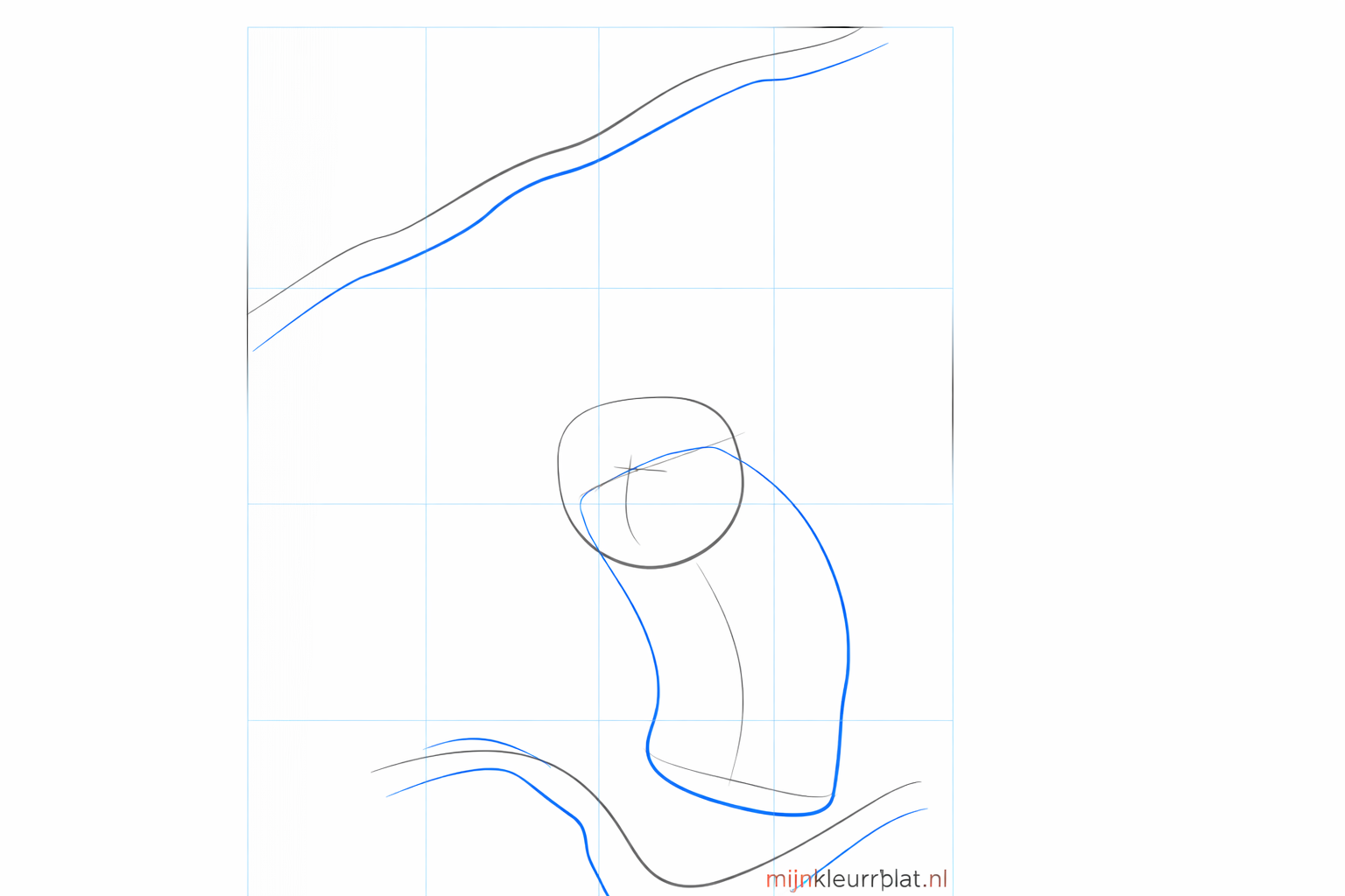 Een grote ovaal als buik en twee lijnen die een boomtak vormen.