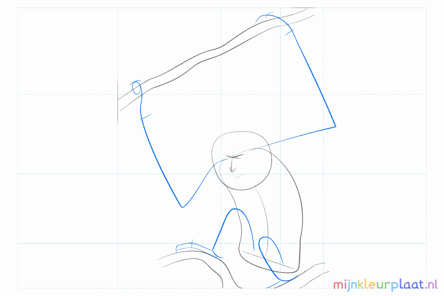 Lange lijnen voor de ledematen en hulplijnen in de cirkel van het gezicht.