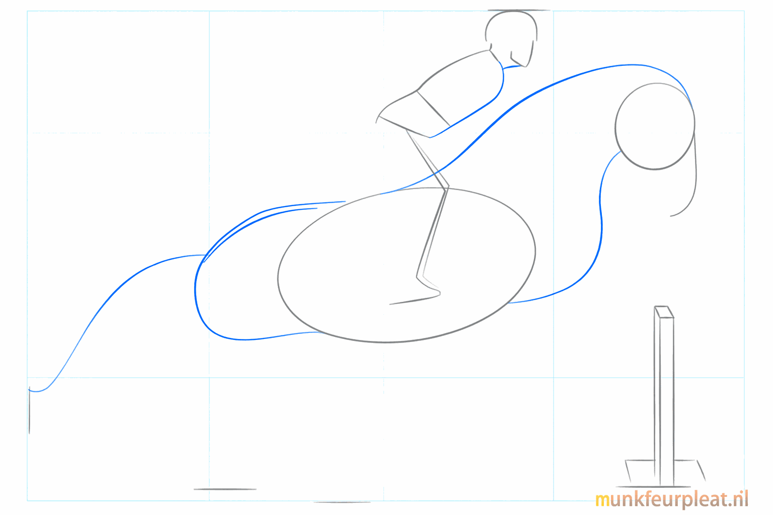 Schets van de nek van het paard en de ruiter op de rug.