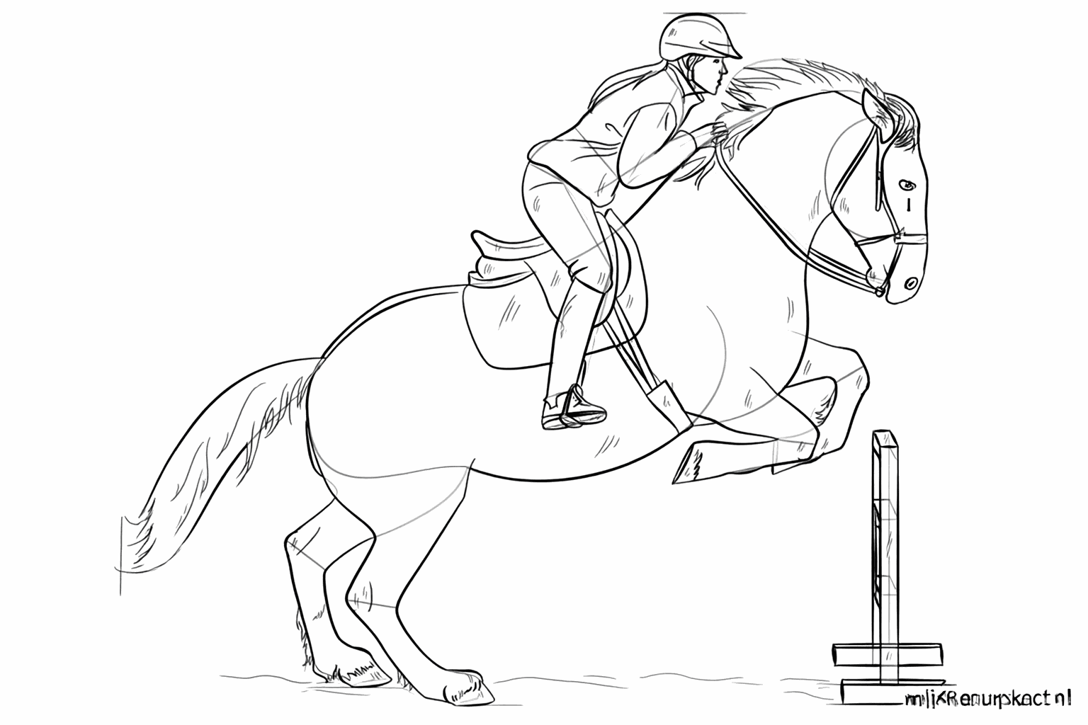 Verfijnde details van de ruiterkleding en de paardenhoeven.