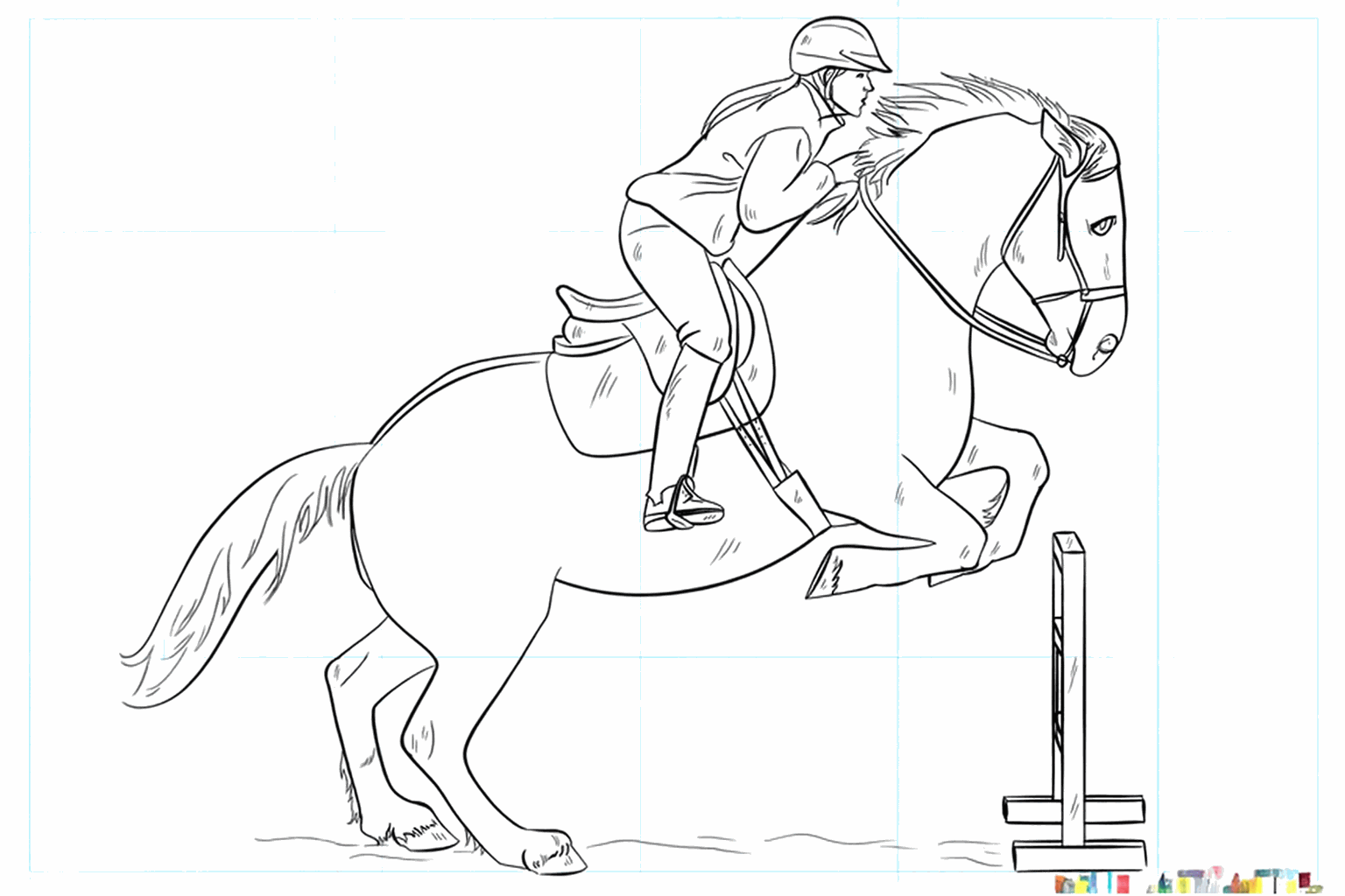 De voltooide tekening van een springend paard met ruiter.