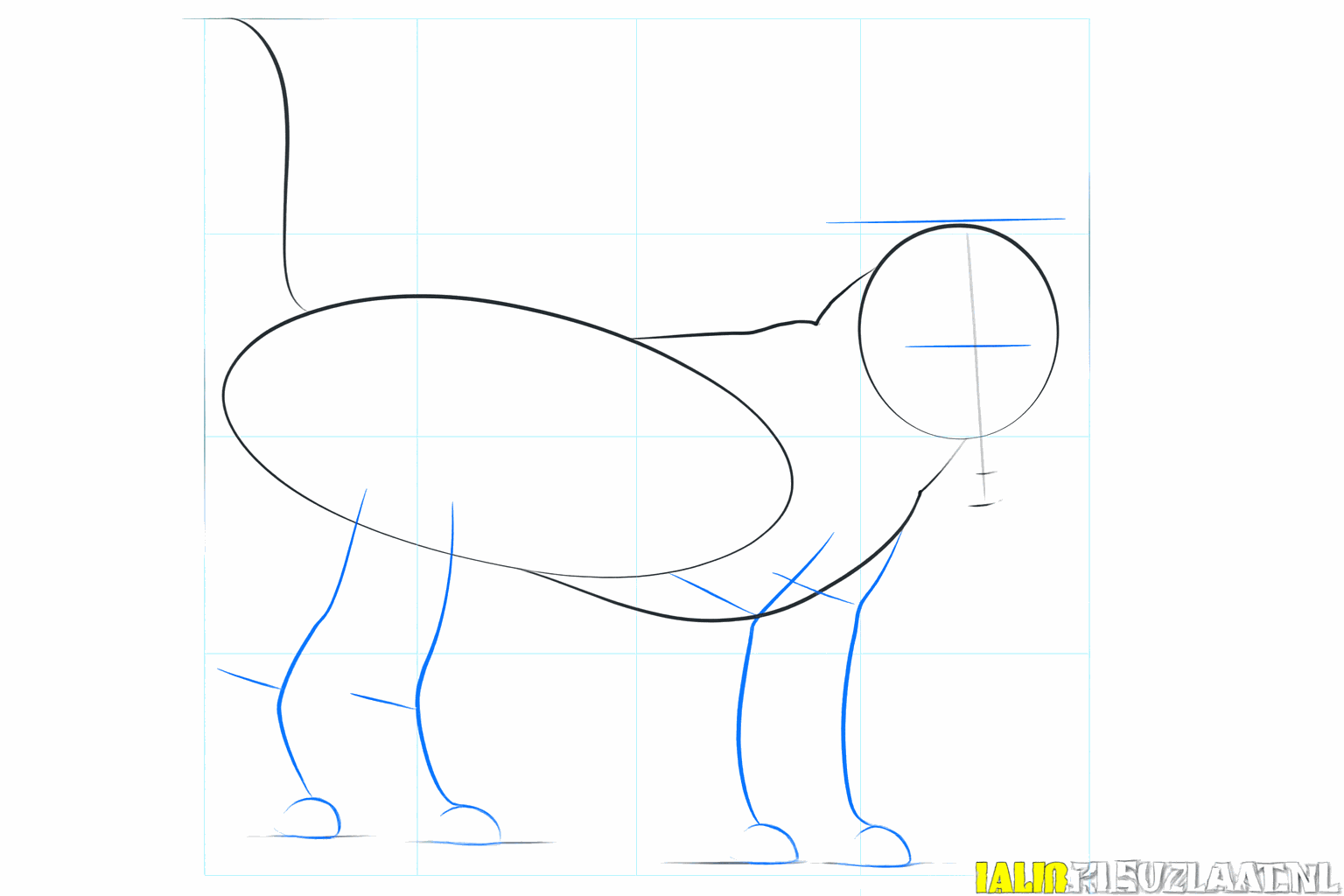 Lijnen voor de poten en kleine cirkels bovenaan de kop voor de oren.