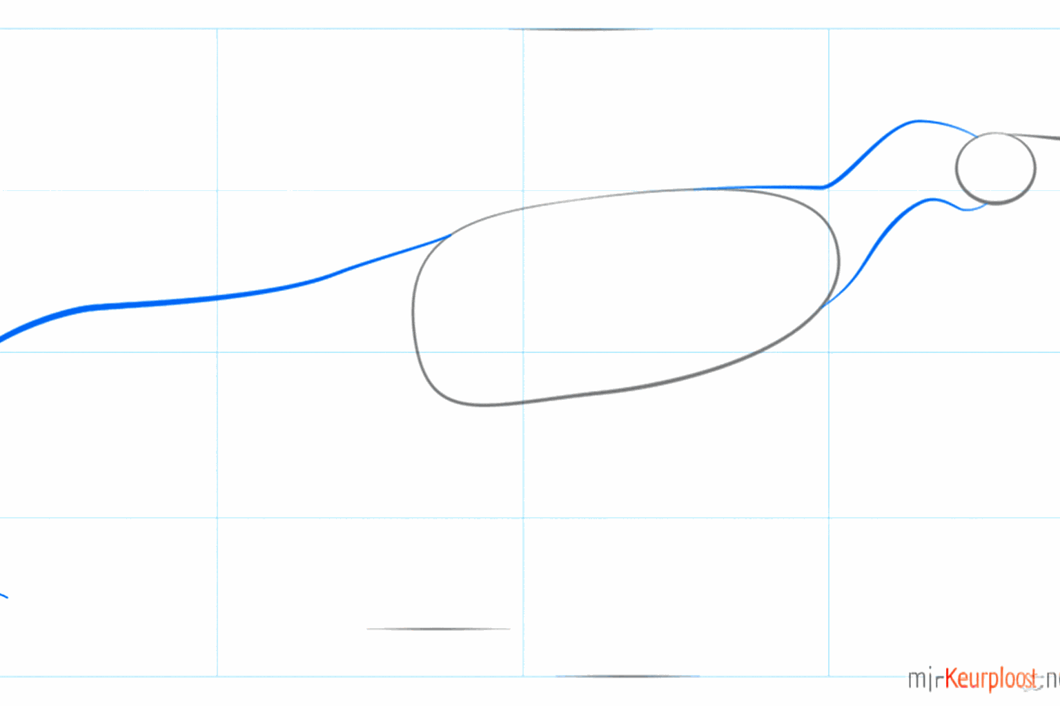 Hulplijnen die de kop met het lichaam verbinden en een lange zwiepende staartlijn.