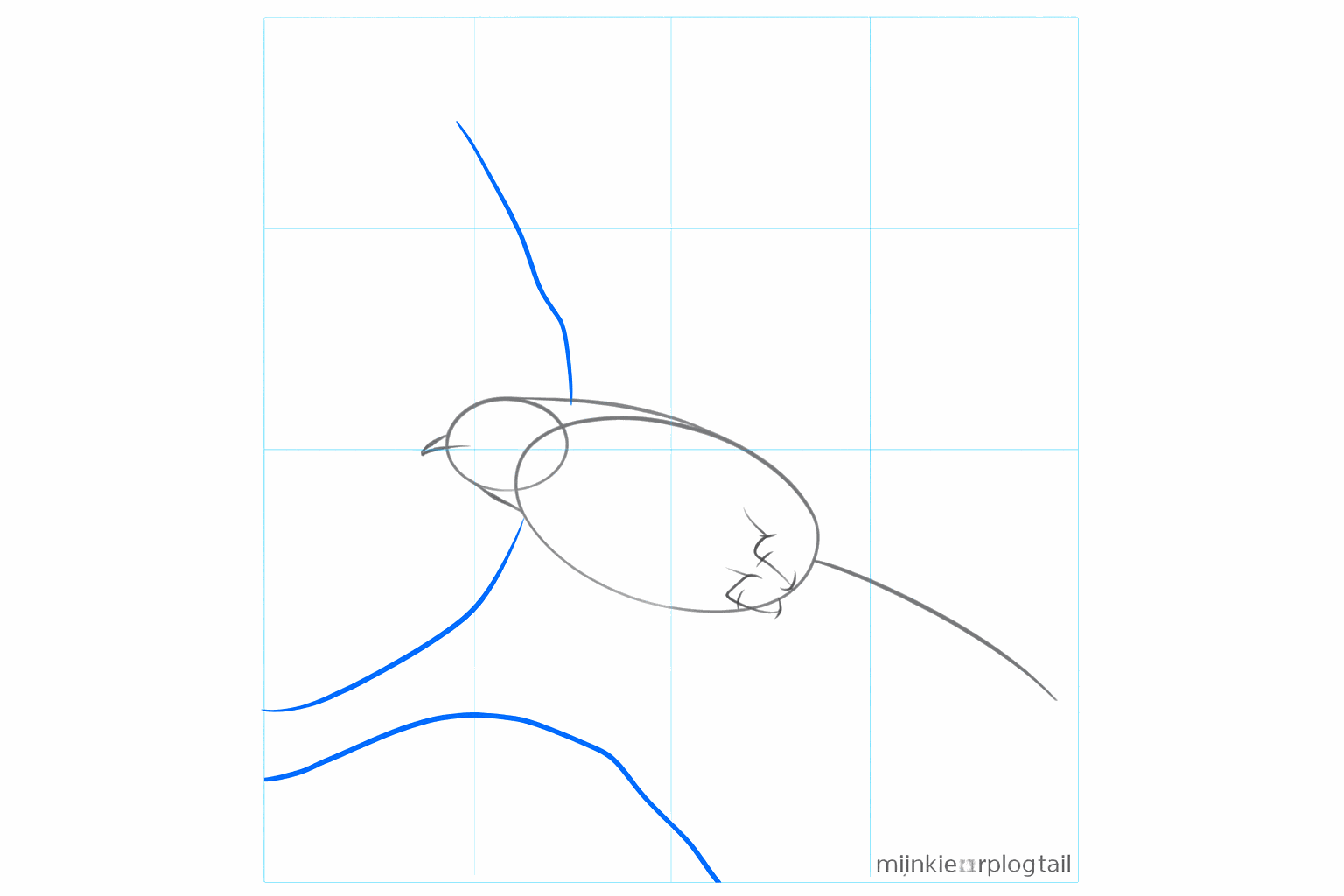 Lange lijnen die de positie van de staart en de uitgeslagen vleugels aangeven.
