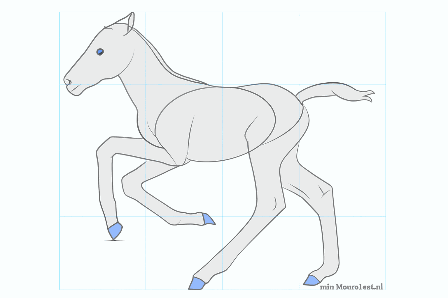 Het gezichtje met een oog en de eerste lijnen van de manen en staart.