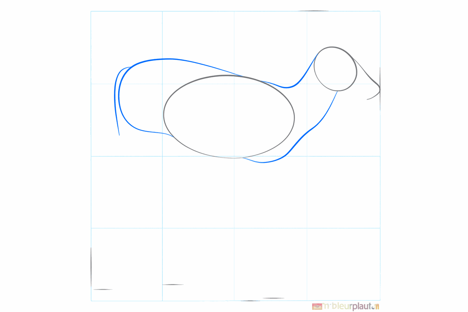Hulplijnen die de kop en het lichaam van het hertje verbinden als een nek.