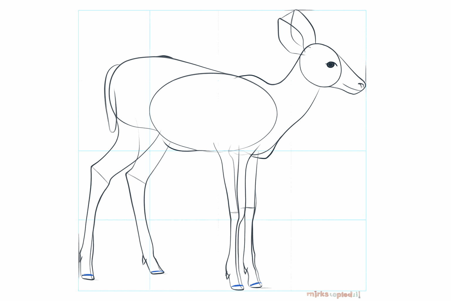 Details van het gezicht met een oog, neus en lijnen in de oren.