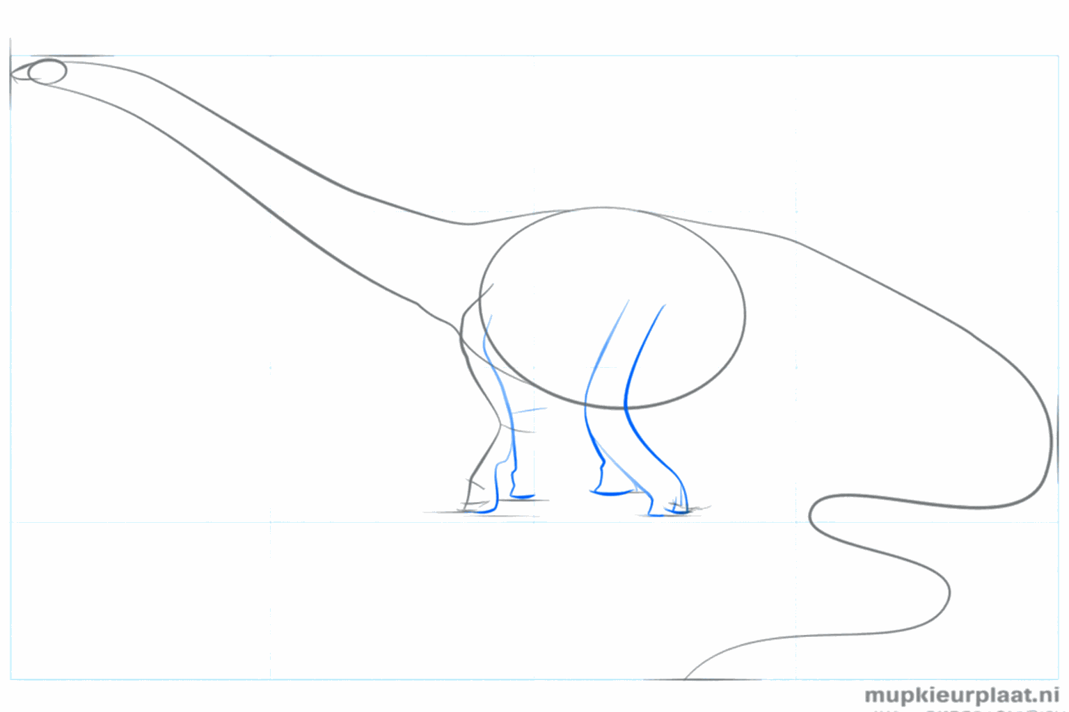 Hulplijnen voor de poten en de bek van de dinosaurus.