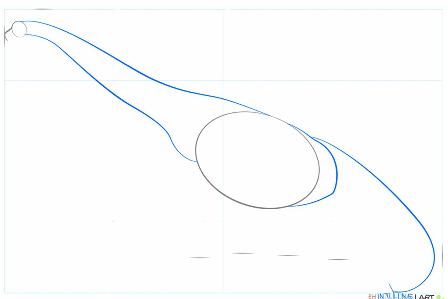 Stap-voor-stap tekenen stap 2: Lange lijnen trekken voor de nek en de aanzet van de staart.