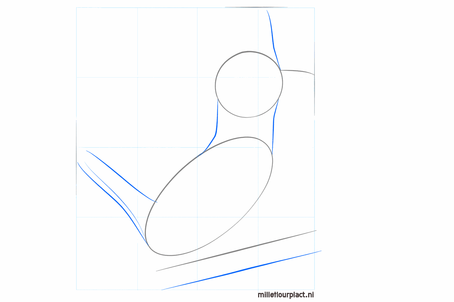 Verbind de kop en het lijf van de ijsvogel met hulplijnen voor de nek.