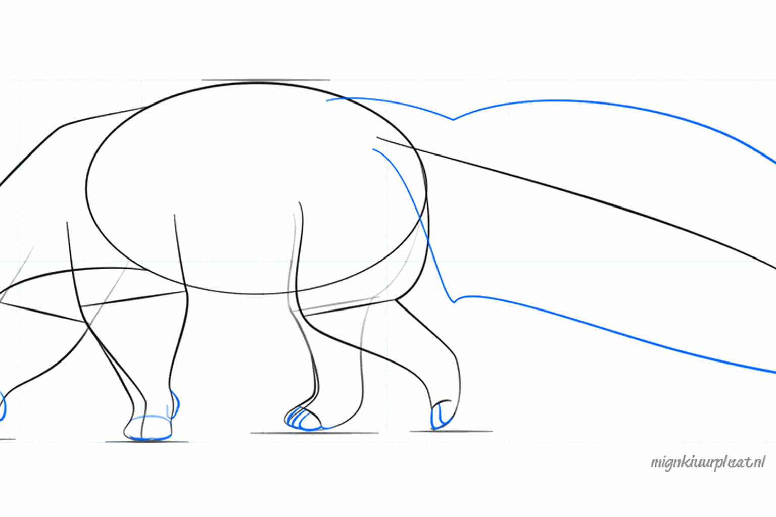 De omtrek van een grote pluizige staart en een klein oor op de kop.