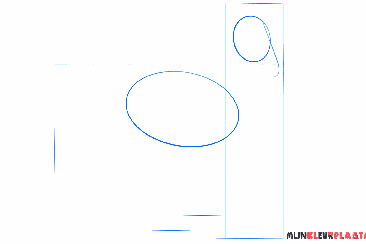 Tekening van een grote ovaal en een kleine cirkel als basis voor het paard.