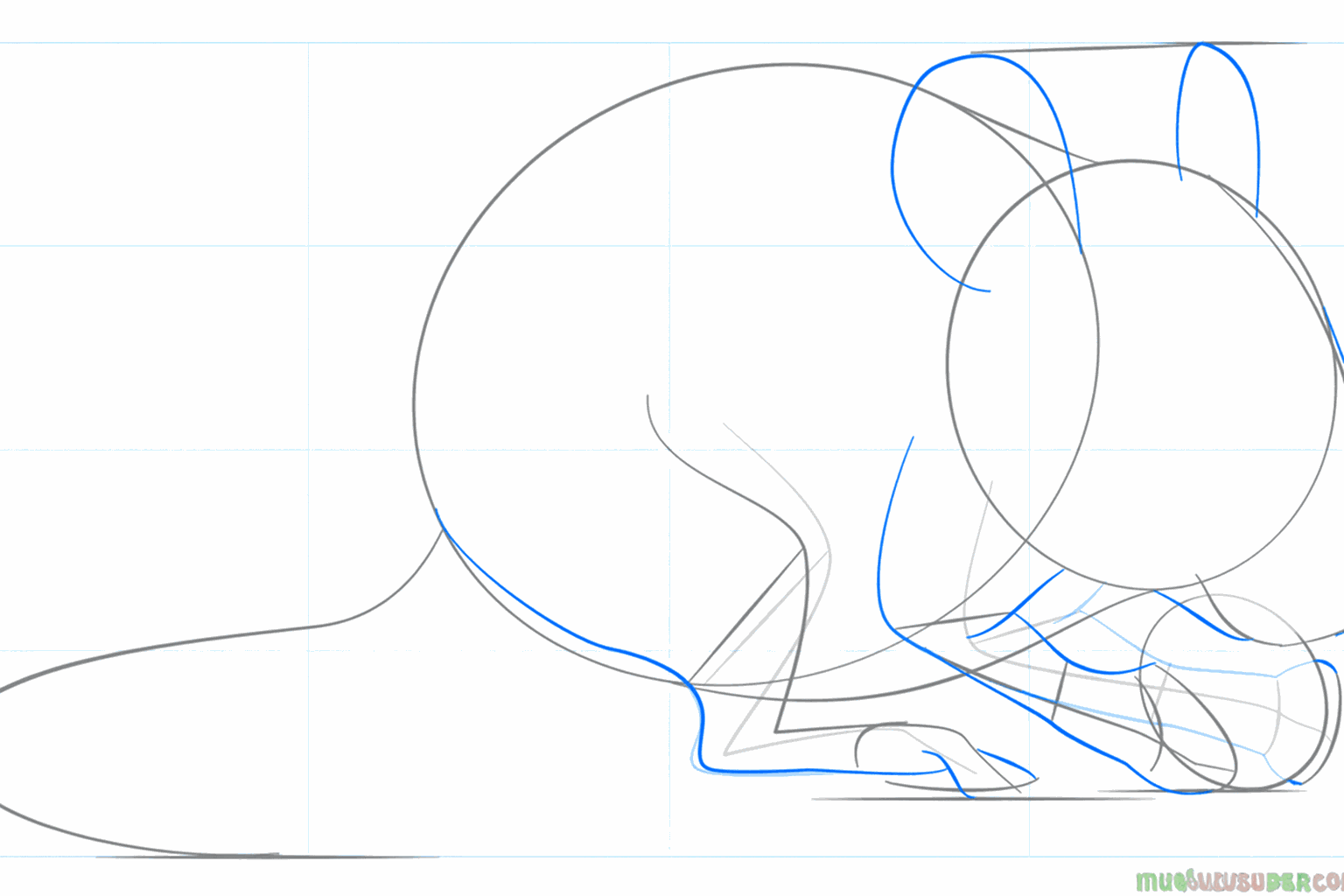 Teken de ronde vormen van de muizenoren en de spitse snuit.