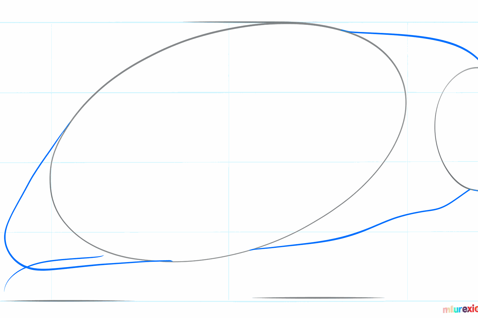 Tekenles zeekoe stap 2: De omtrek van de rug en de buik verbinden.