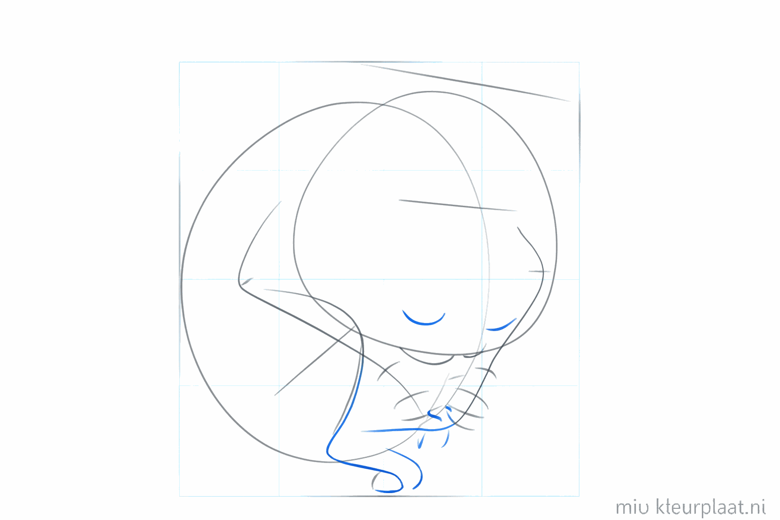 Hulplijnen en kleine cirkels voor de positie van de oren, ogen en poten.