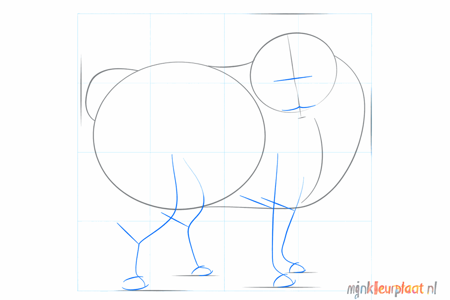 Lijnen voor de positie van de poten en stippen voor de ogen in het gezicht.