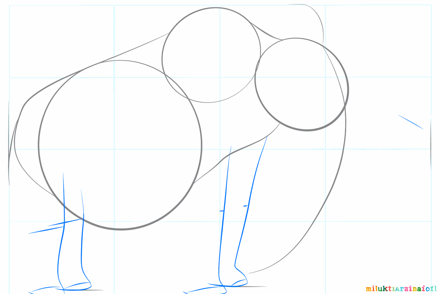 Hulplijnen voor de vier poten en de grote slagtanden van de mammoet.