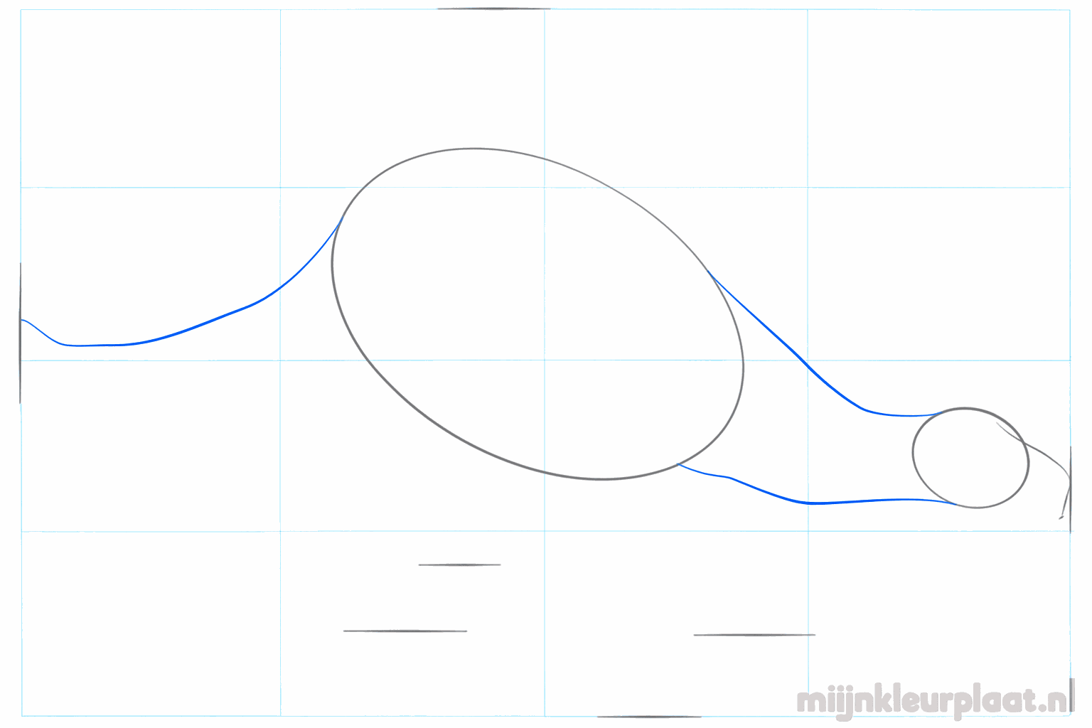 De kop en het lijf zijn verbonden met een nek en er is een lange staartlijn getekend.