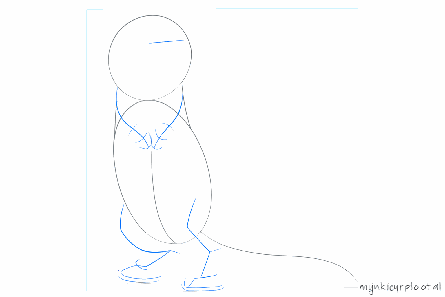 Hulplijntjes voor de oren op de kop en de posities van de pootjes onderaan.