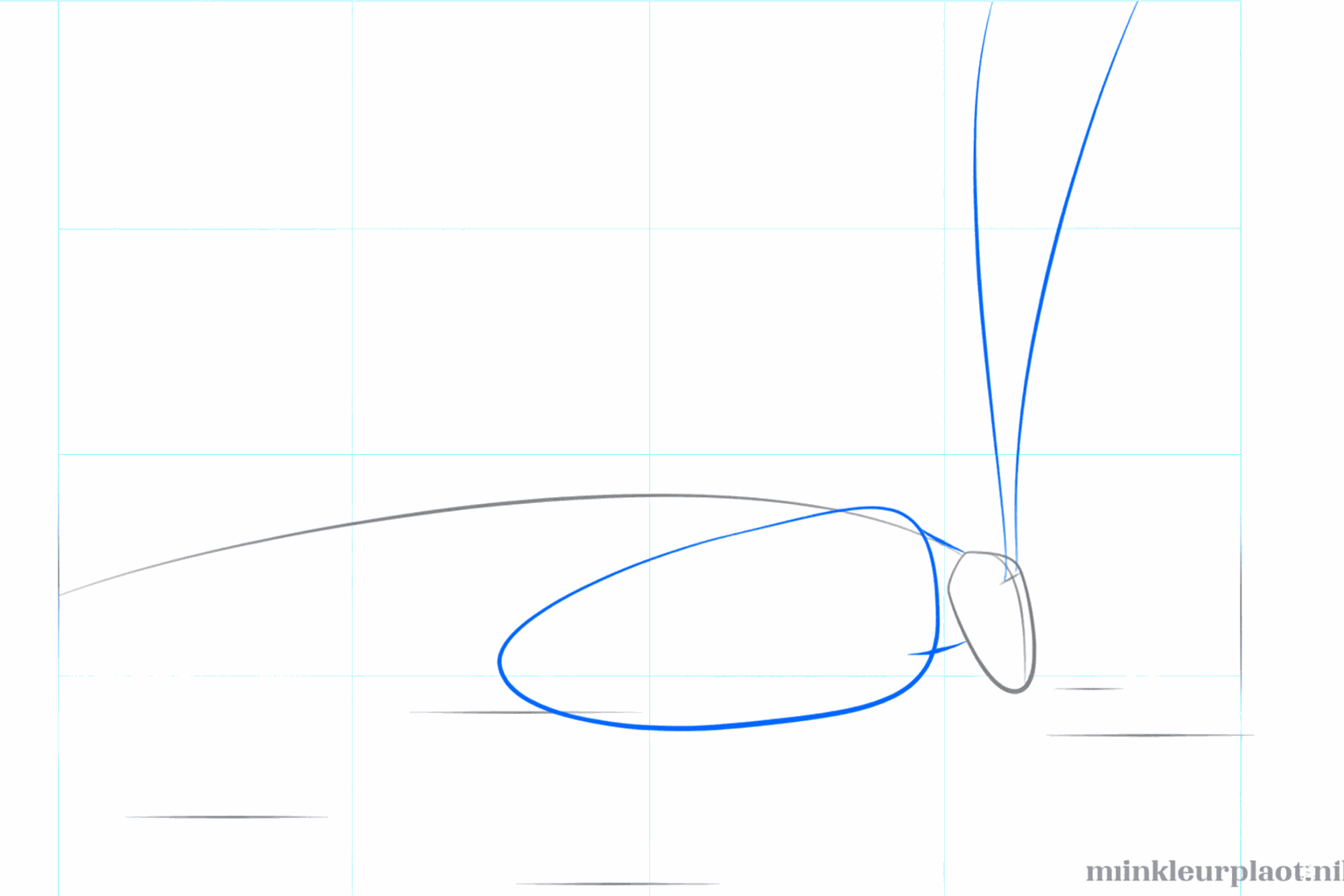 Een ovaal achter de kop en twee gebogen lijntjes voor de voelsprieten.