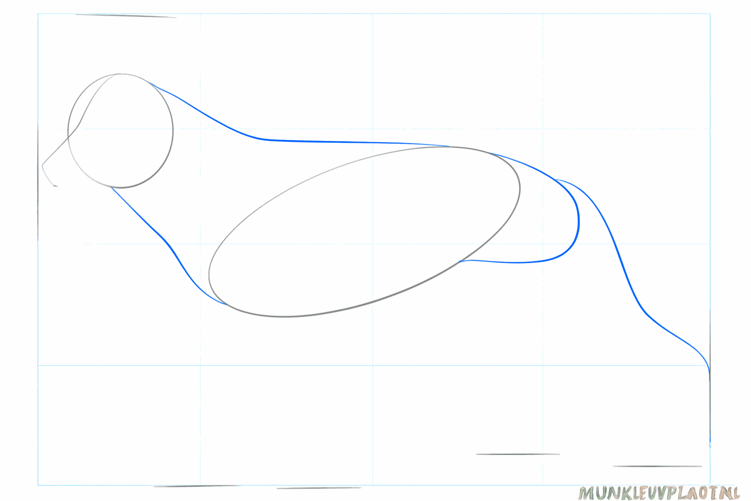 Lijnen die de kop met het lichaam verbinden en een gebogen lijn voor de staart.