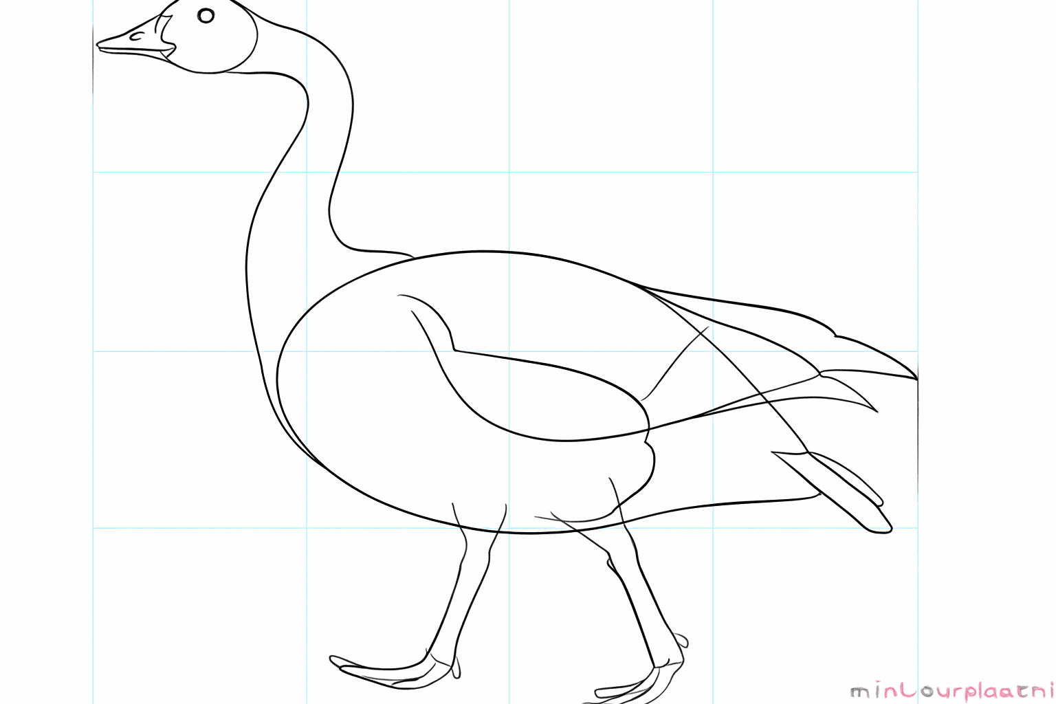Teken een oog in de kop en grote platte voeten onderaan de poten.