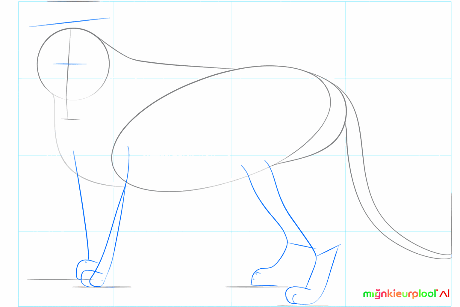 Hulplijnen voor de ogen op de kop en rechte lijnen voor de poten.