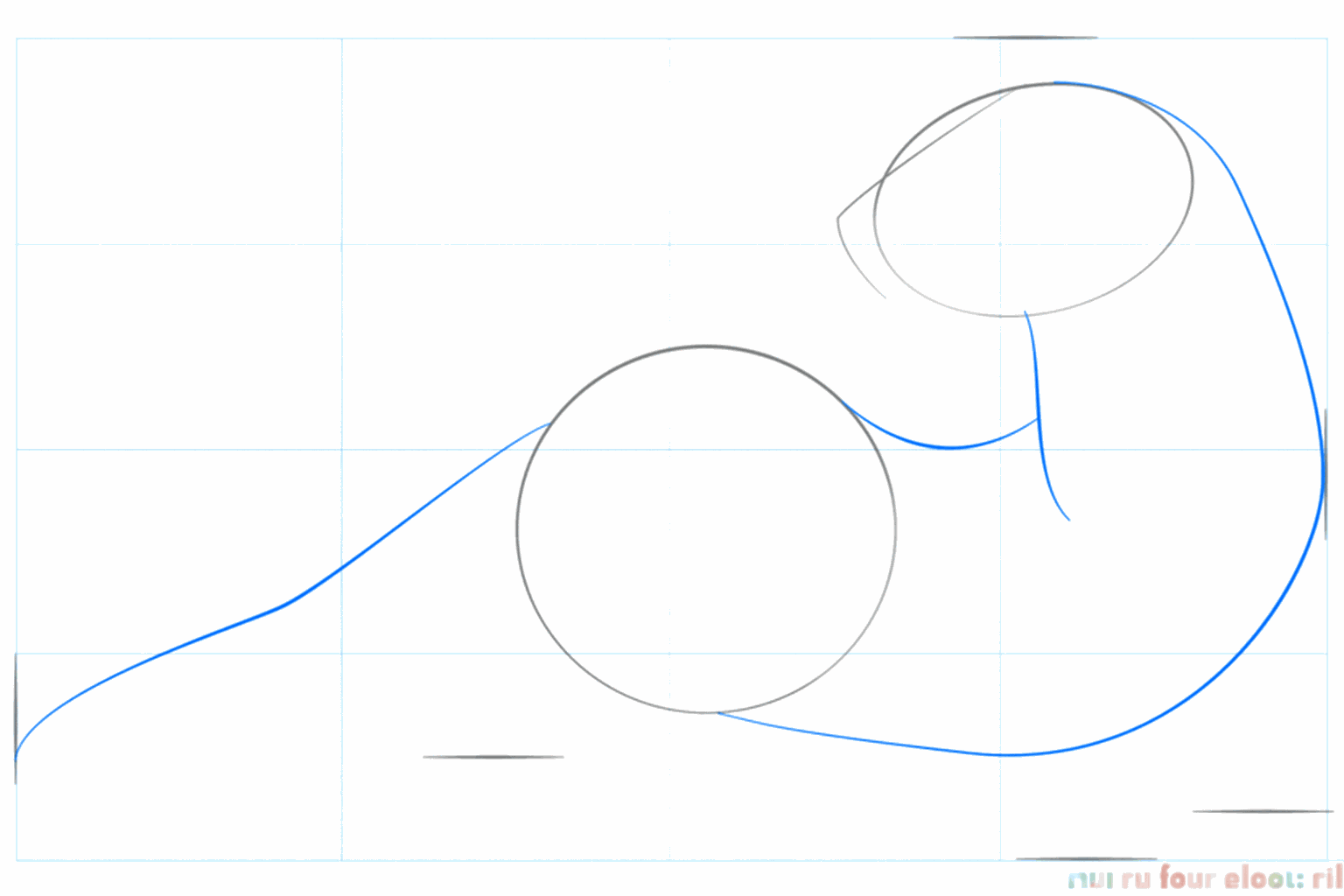 Tekenles zwartvoetbunzing stap 2: De nek en de lijn voor de staart tekenen.