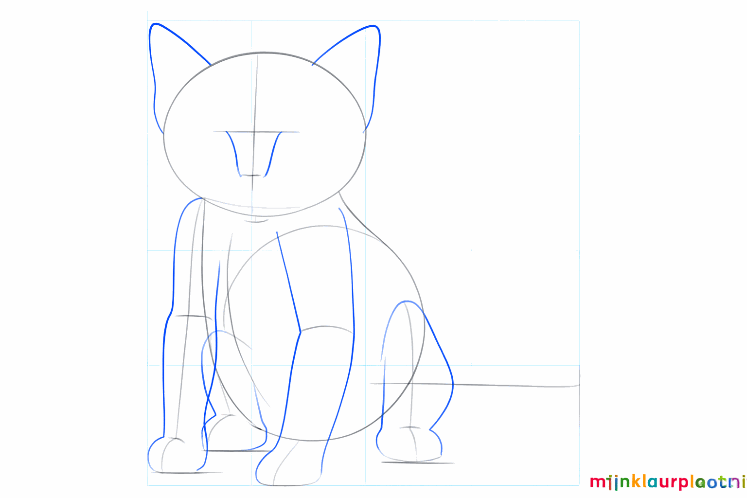 Driehoekige oren op de kop en de eerste vormen van de pootjes en neus.