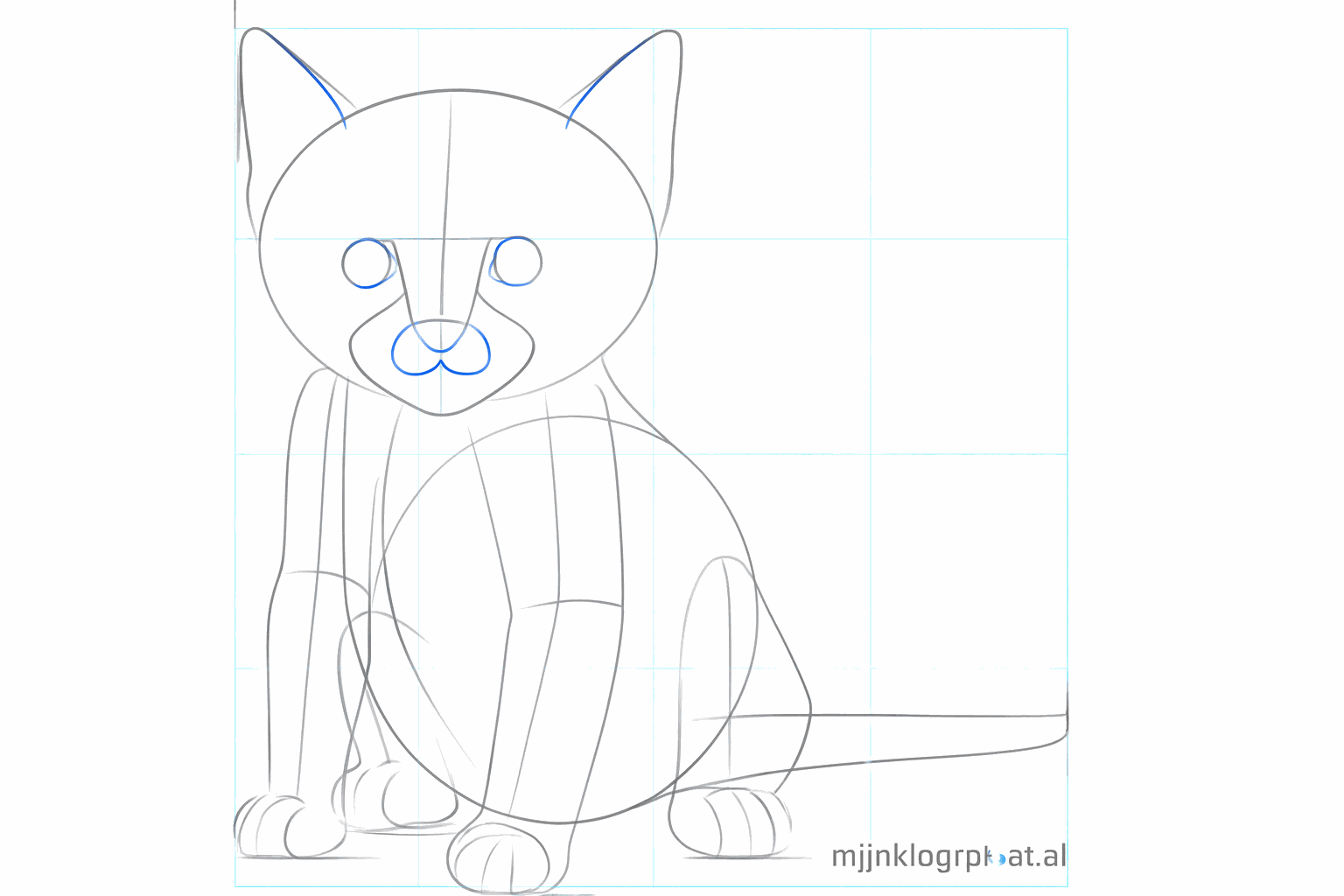 Ronde ogen in het gezicht en kleine boogjes voor de tenen aan de poten.