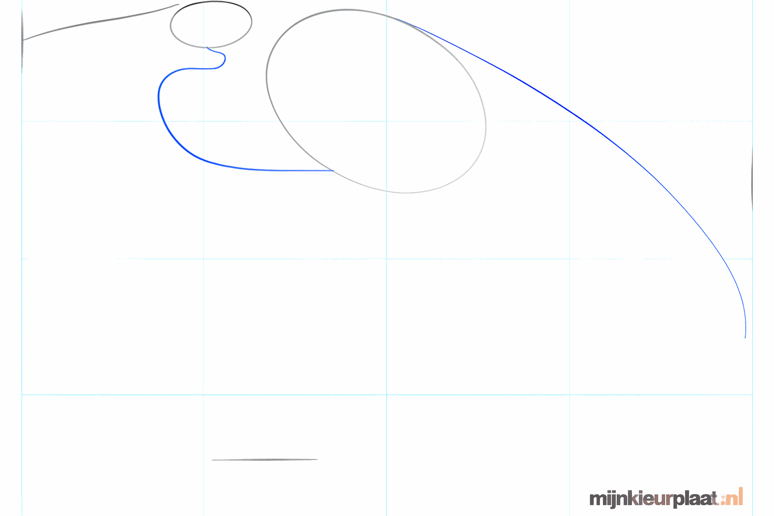 Een gebogen lijn verbindt de kop en het lichaam van de vogel.