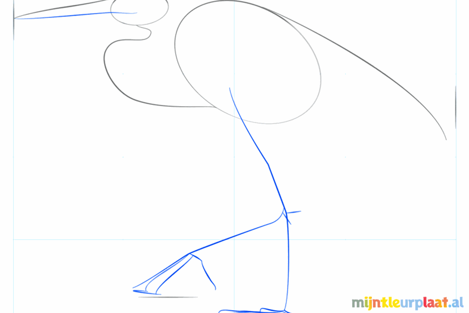 Lange lijnen voor de poten en een start voor de snavel van de reiger.