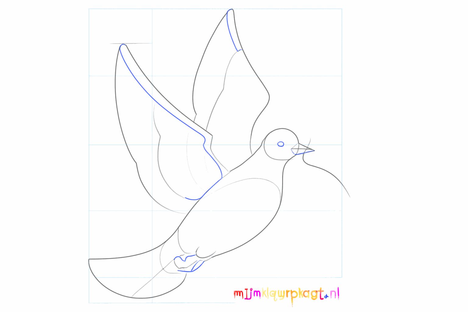 Een snavel op de kop en een lange lijn voor het takje.