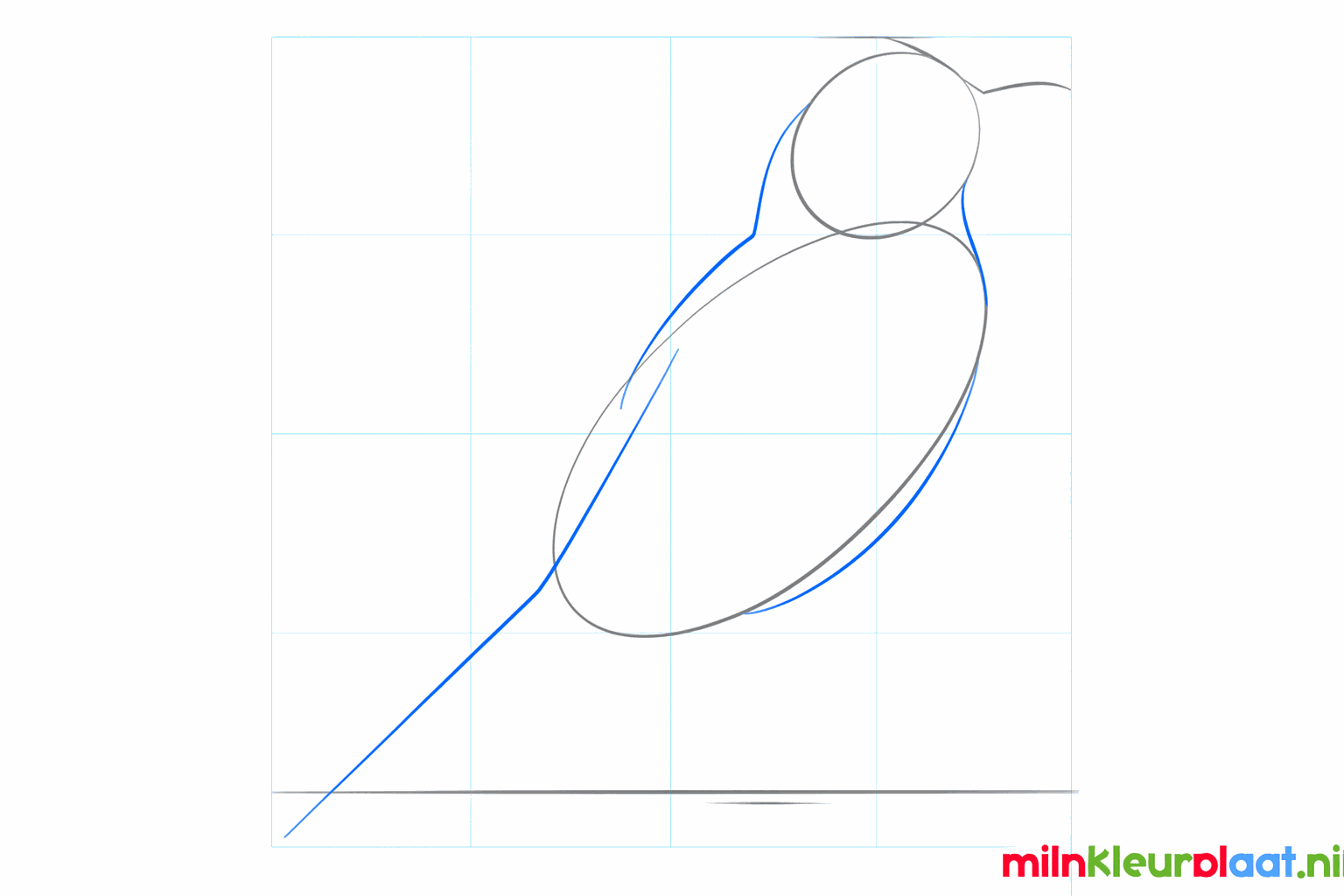 De cirkel en ovaal zijn nu verbonden met een nek en een schuine streep voor de staart.
