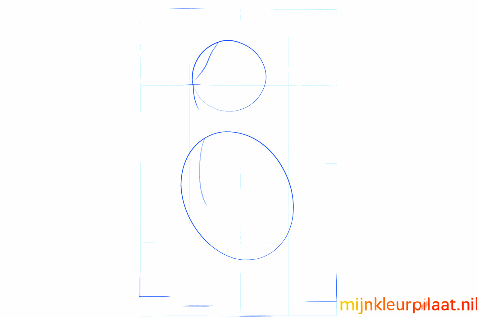 Twee ovalen getekend met potlood als basis voor de kop en het lichaam van een hond.