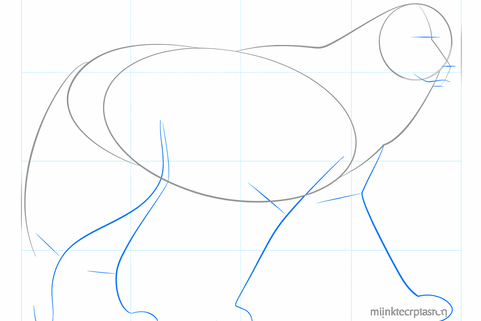 Teken vier rechte hulplijnen voor de poten onder het lichaam van de wolf.