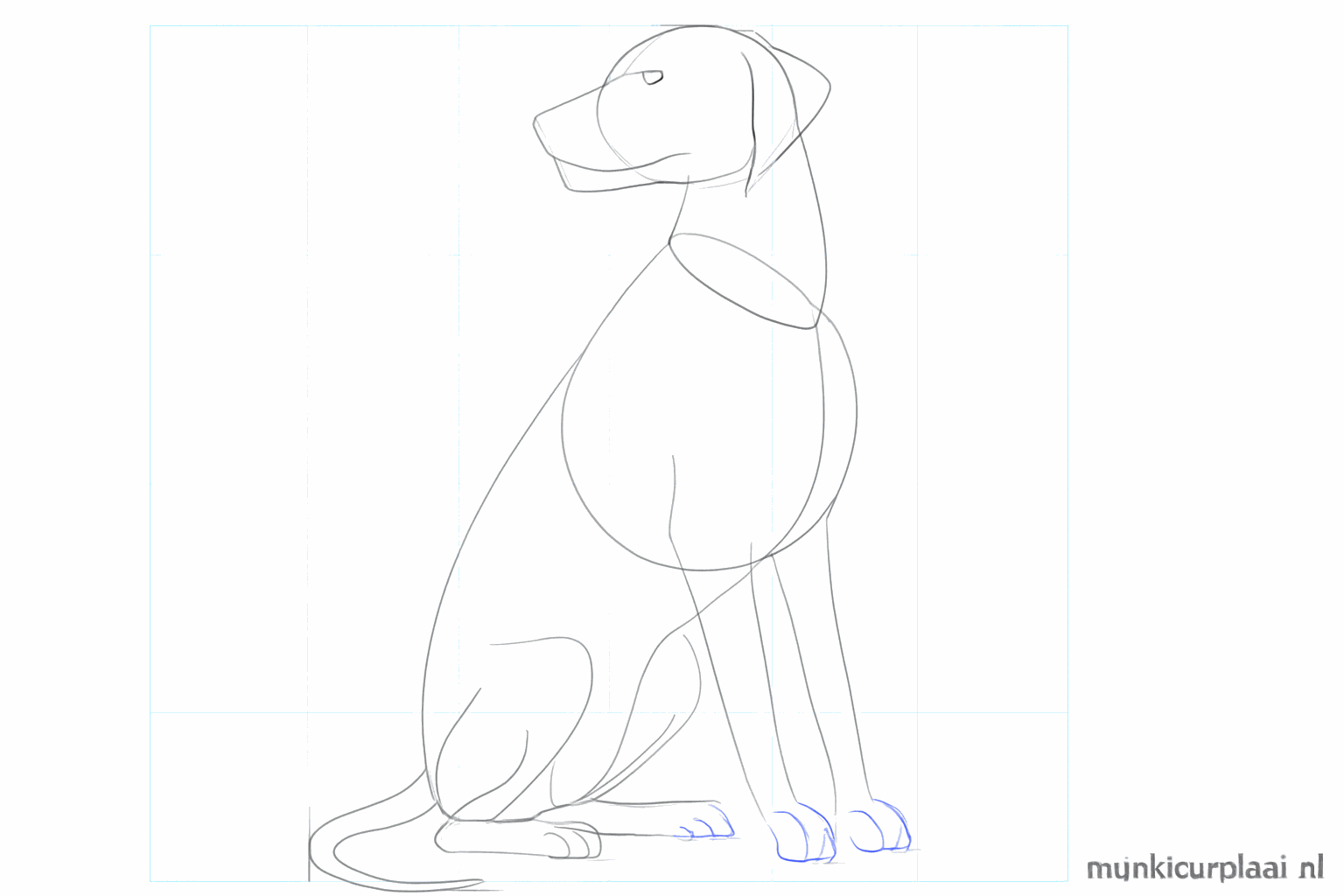 Tekening van hondenoren, een snuit en een vrolijke staart.