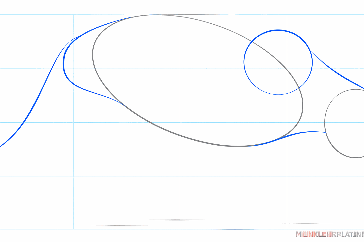 Lijnen die de cirkel van de kop verbinden met het ovale lichaam van de panter.