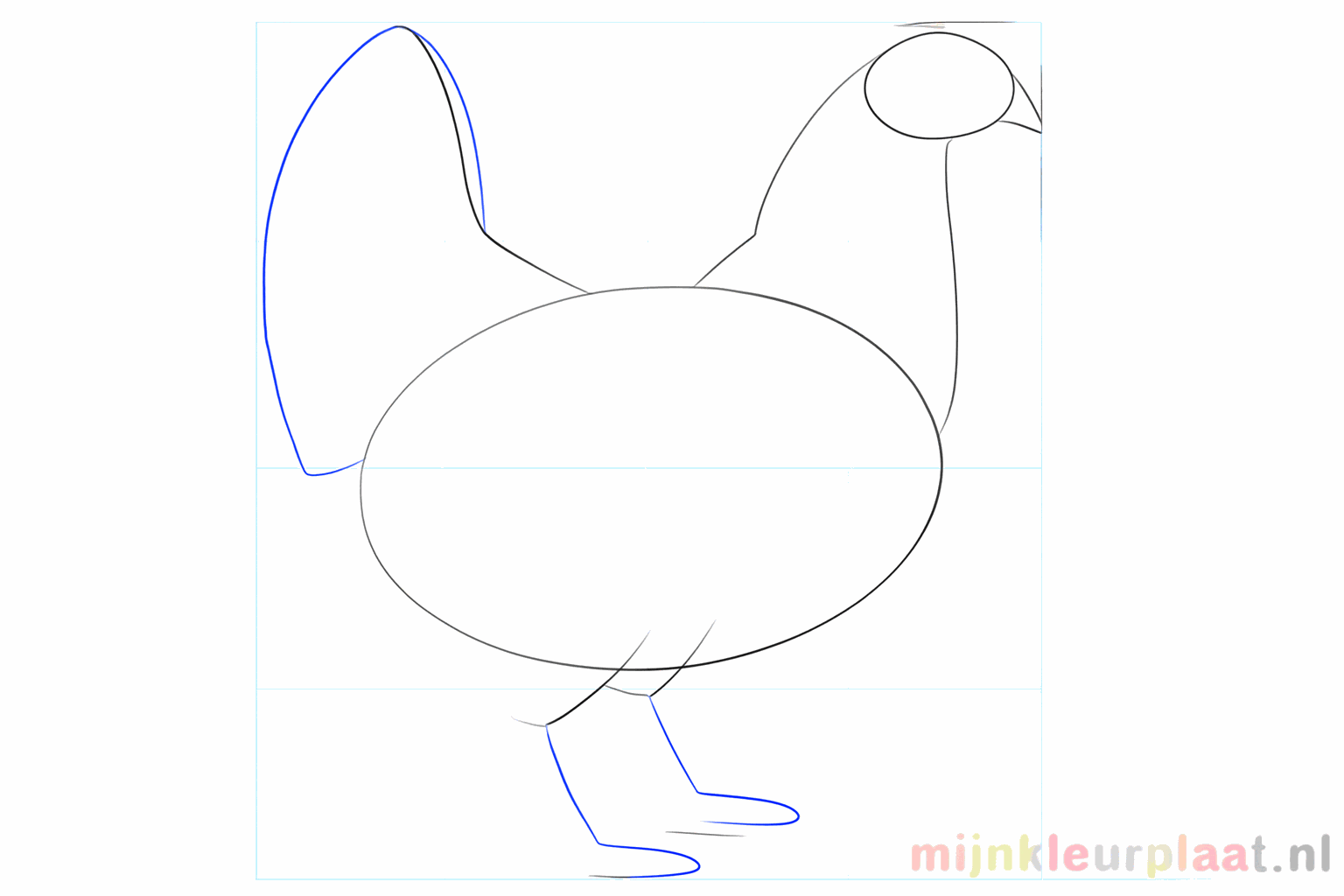 Een groter ovaal voor het lichaam met een korte lijn voor de staartveren.