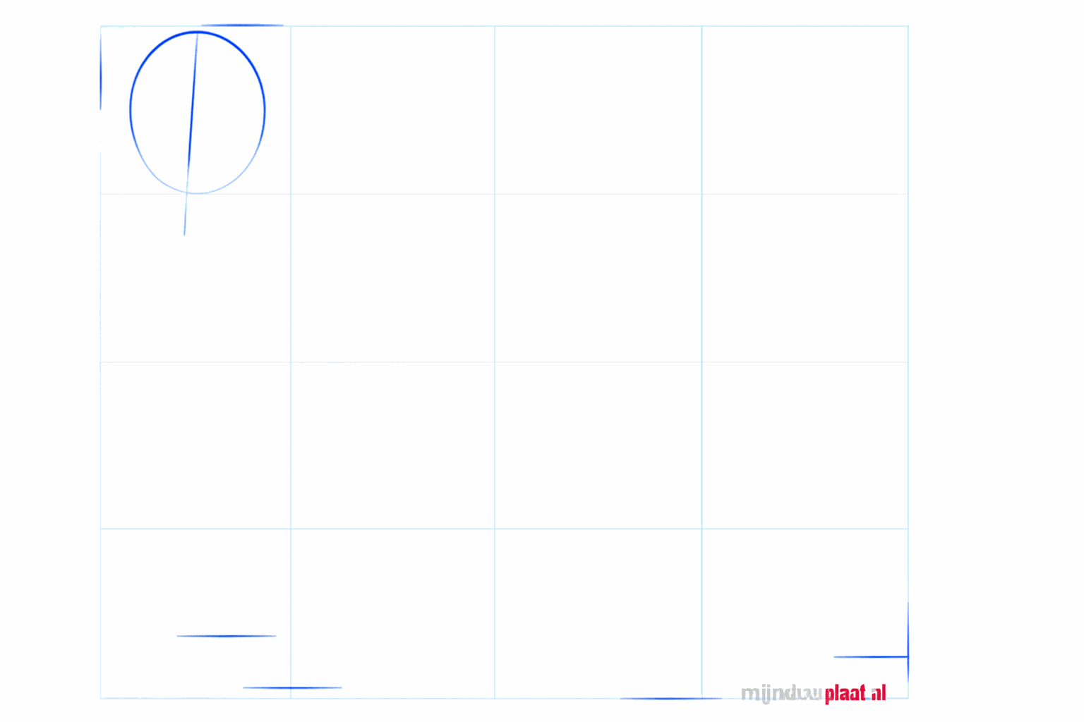 Een staande ovaal met een verticale lijn in het midden voor de kop van de hond.