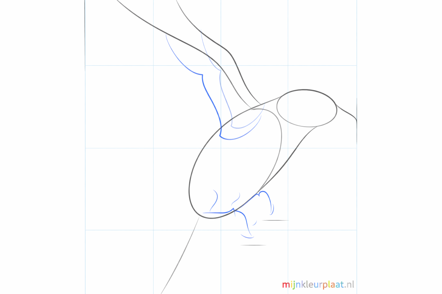 Hulplijnen voor de staart en de vleugel van de vogel.