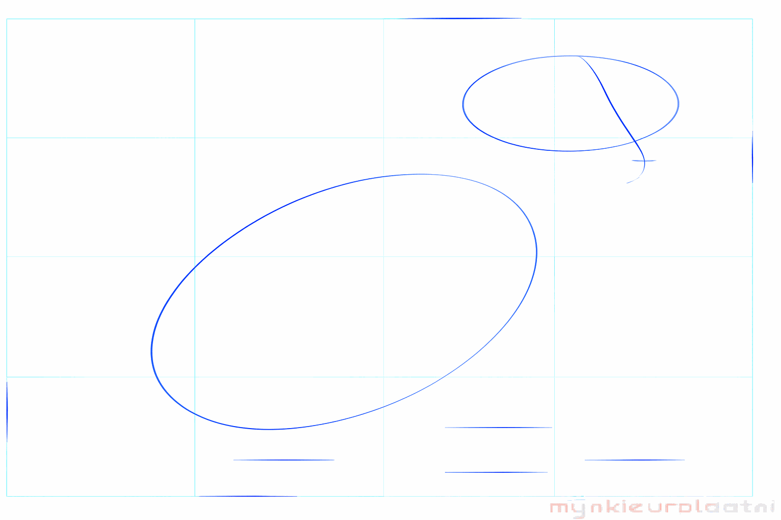 Twee ovalen voor de kop en het lichaam van een hond met een centrale hulplijn.
