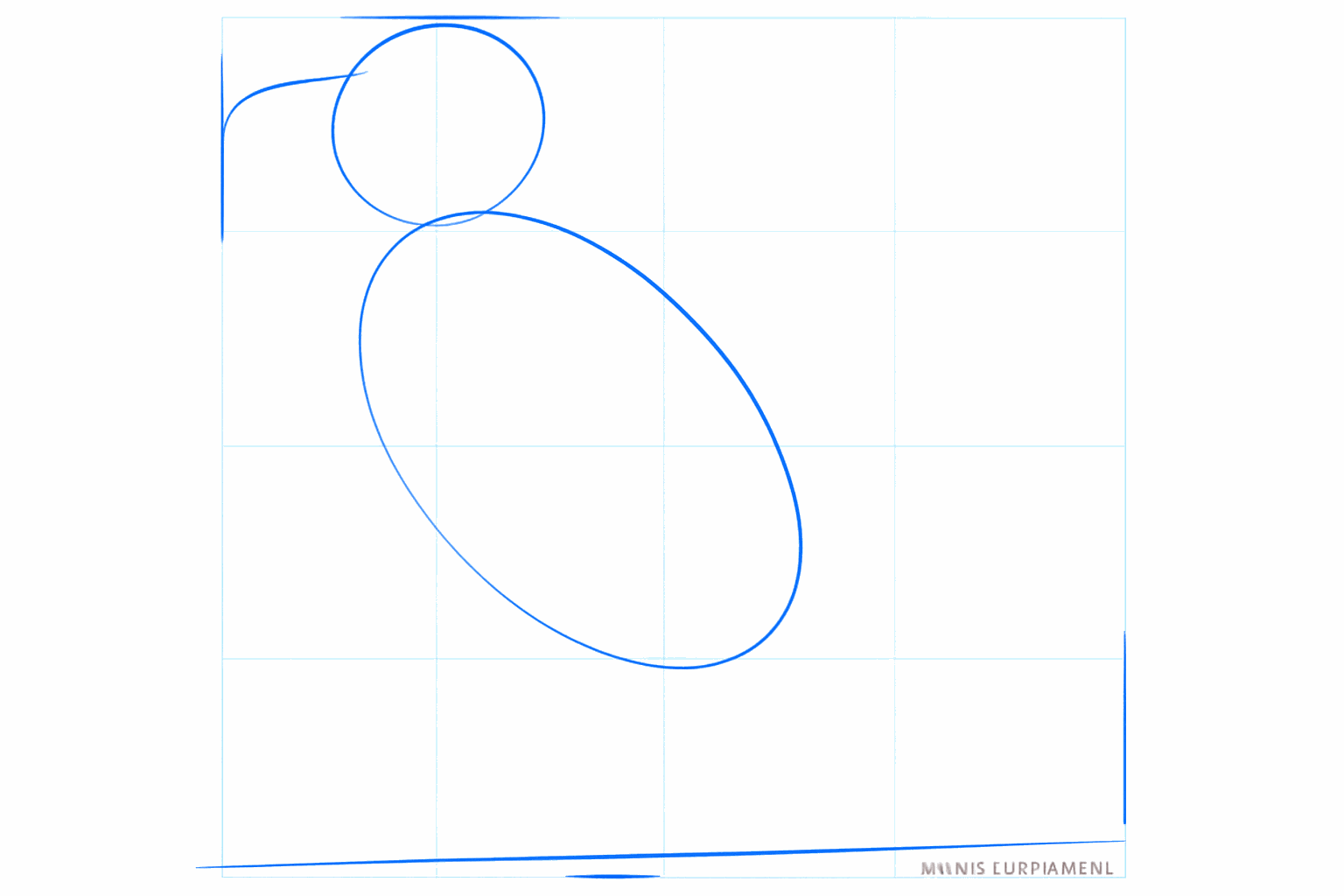 Basisvormen van een raaf: een cirkel voor de kop en een grote ovaal voor het lichaam.
