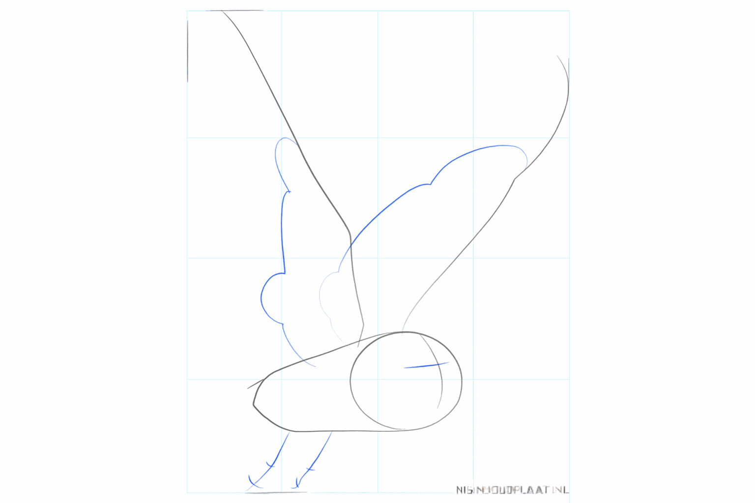 Lijnen voor de poten en kleine rondjes voor de ogen in de kop.